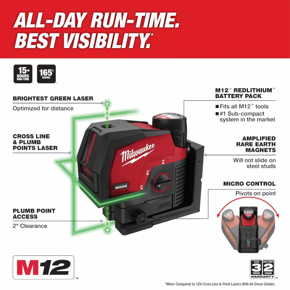 Milwaukee M12 Green Cross Line and Plumb Points Laser Level Kit with 3.0 Ah Battery