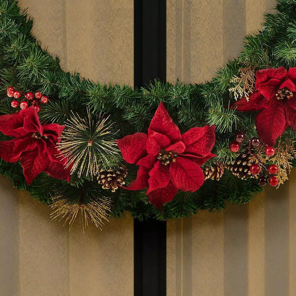 Home Accents Holiday Home Holiday Accents 48 in. Burgundy Poinsettia Mixed Pine Wreath with Berries and Gold Glitter Cedar