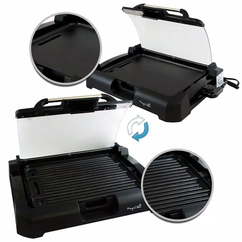 MegaChef 165 sq. in. Reversible Indoor Grill and Griddle with Removable Glass Lid, Black