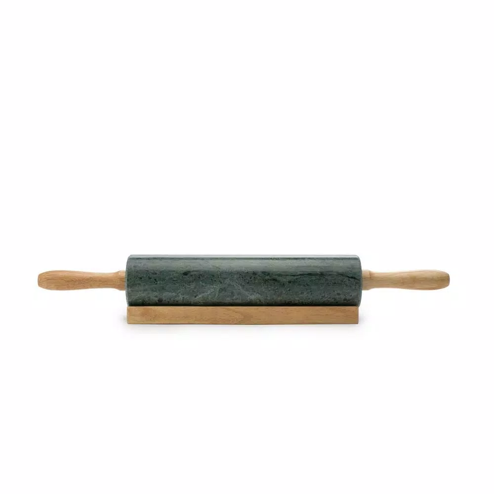 Fox Run Green Marble Rolling Pin with Wooden Handles and Base