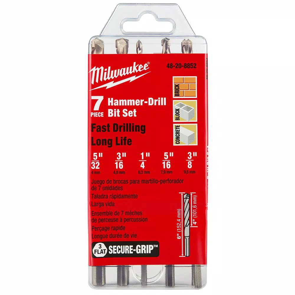Milwaukee 3-Flat SECURE GRIP Carbide Hammer Drill Bit Set, 7-Piece