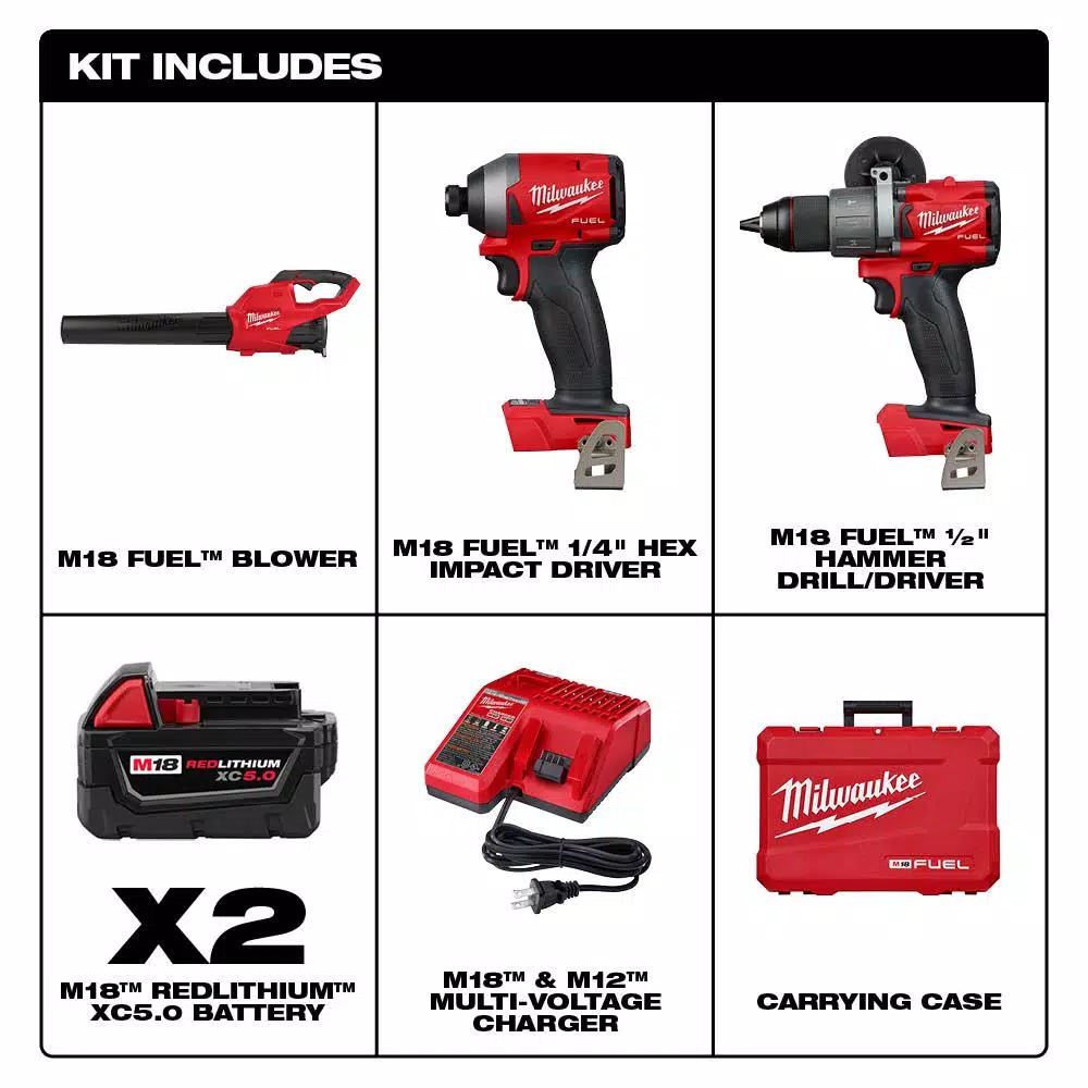 Milwaukee M18 FUEL 18V Brushless Hammer Drill, Impact Driver & Blower Combo Kit