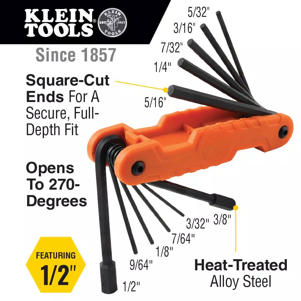 Klein Tools Pro Folding Hex Key Set, 11-Piece SAE Extended Reach