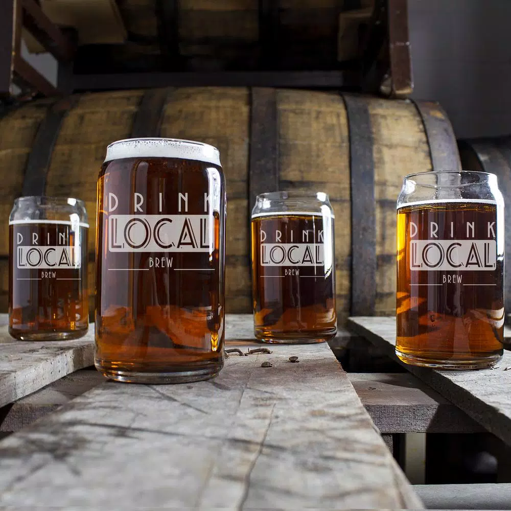 Cathy's Concepts Drink Local 16 oz. Craft Beer Can Glasses - Set of 4 Hand-Blown Glassware