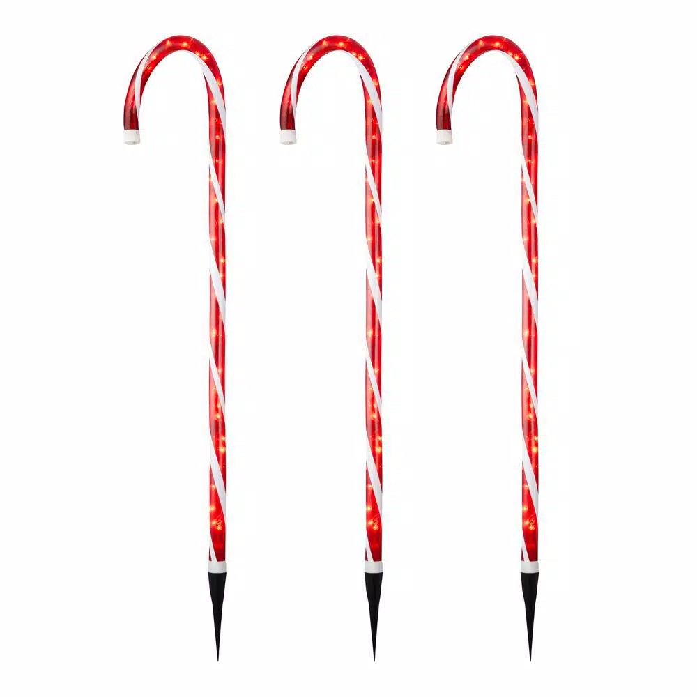 Home Accents Holiday 4 ft. Lighted Candy Cane Pathway Stakes, Set of 3, Red and White Incandescent Lights