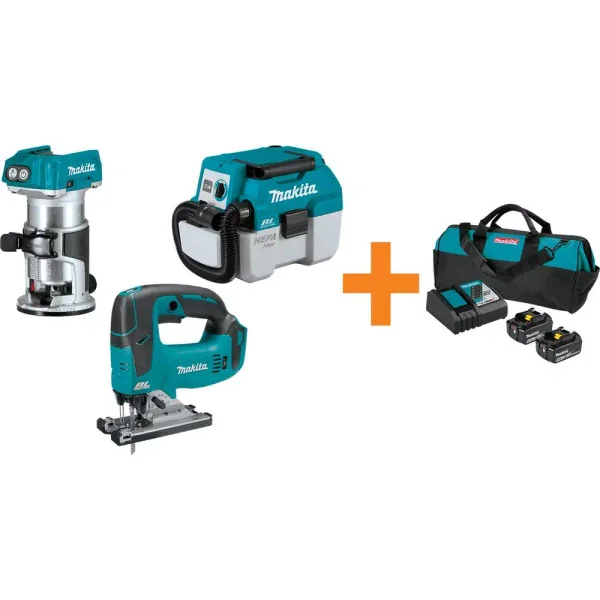 Makita 18V LXT Brushless Router, Jig Saw, and 2 Gal. Dust Extractor Combo Kit with 5.0 Ah Battery and Charger