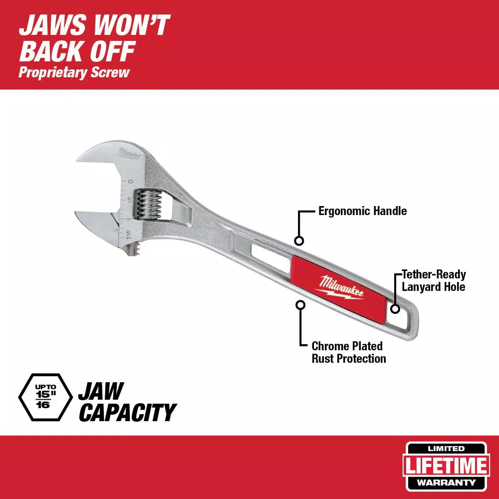 Milwaukee 6 in. Adjustable Wrench, Parallel Jaw Design, Chrome Plated