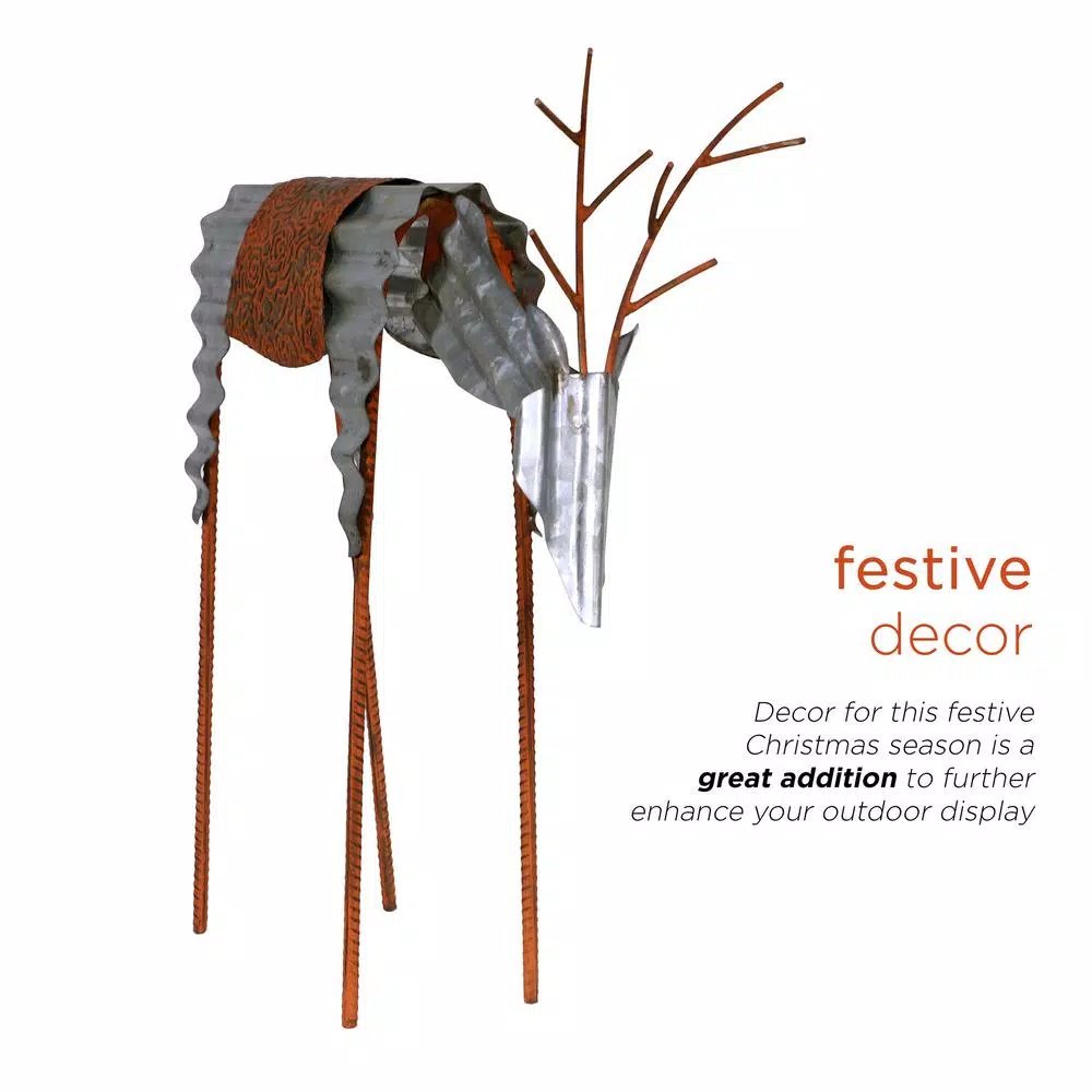 Alpine Corporation 20 in. Metal Rustic Grazing Reindeer Christmas Outdoor Sculpture