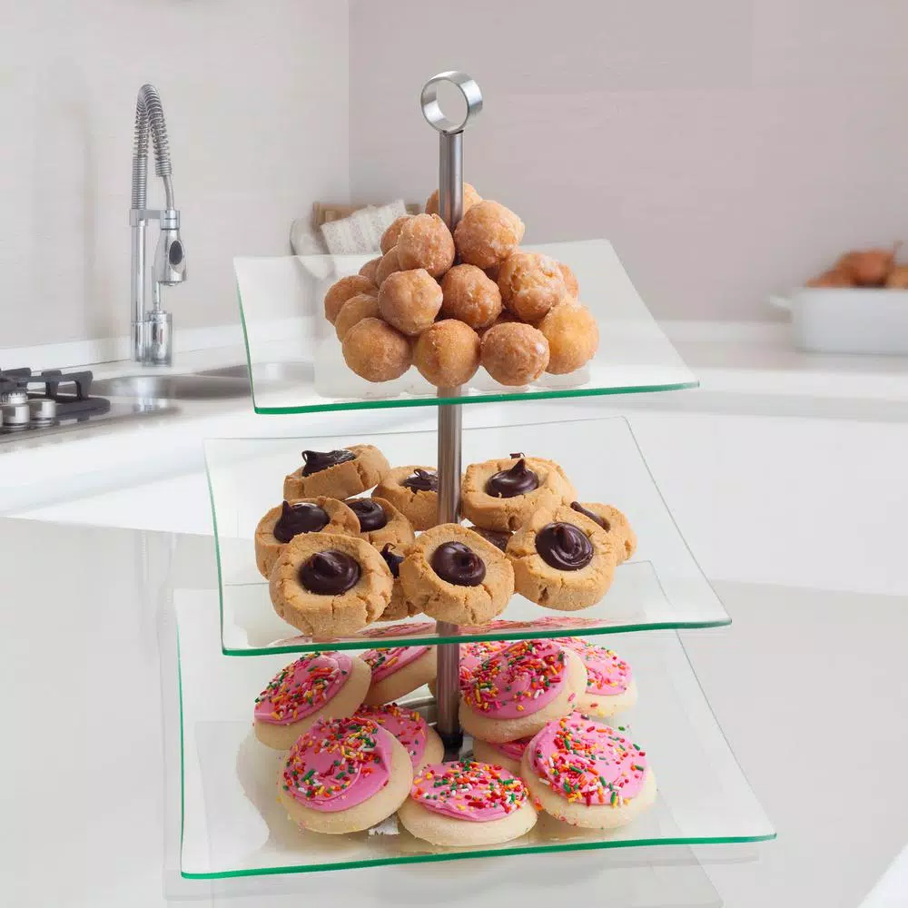 Chef Buddy 3-Tier Square Glass Cake Stand with Stainless Steel Base
