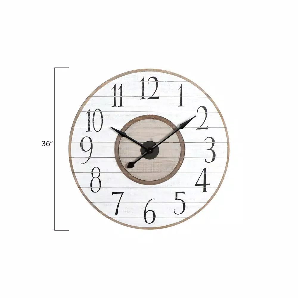 3R Studios White Distressed Wood Slat Wall Clock, 36 in. Oversized Round Rustic Analog Clock