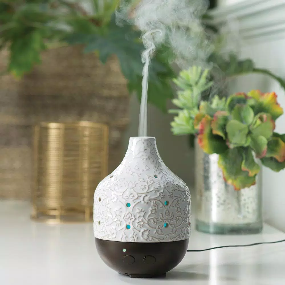 Airome 9.9 in. Botanical Ceramic Essential Oil Diffuser with Decorative Scroll Motif