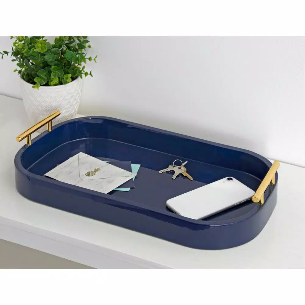 Kate and Laurel Lipton Navy Blue Decorative Wood Tray with Gold Handles