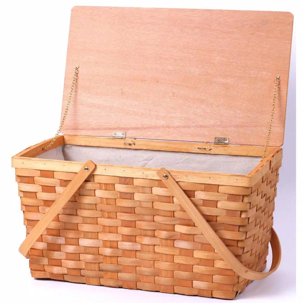 Vintiquewise Large Handwoven Woodchip Picnic Basket with Wooden Lid and White Lining