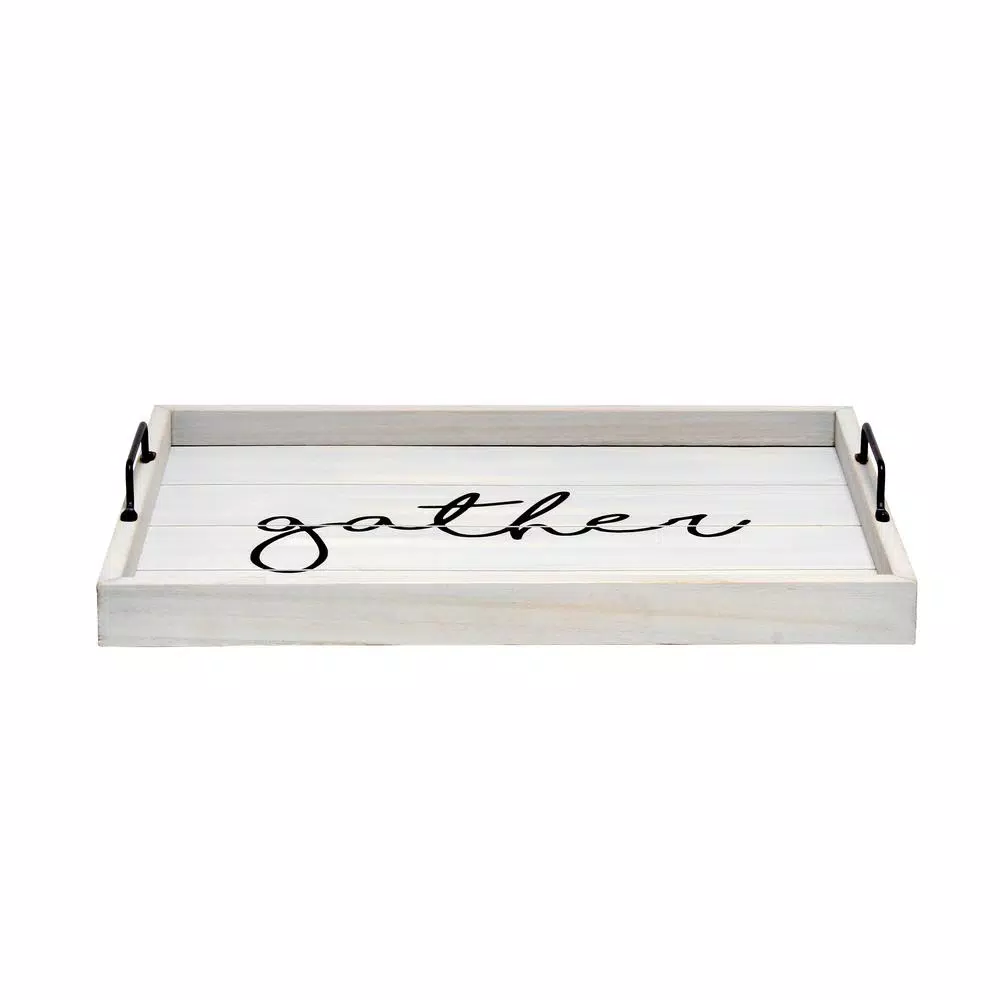 Elegant Designs Gather Gray Wash Decorative Wood Serving Tray with Black Metal Handles