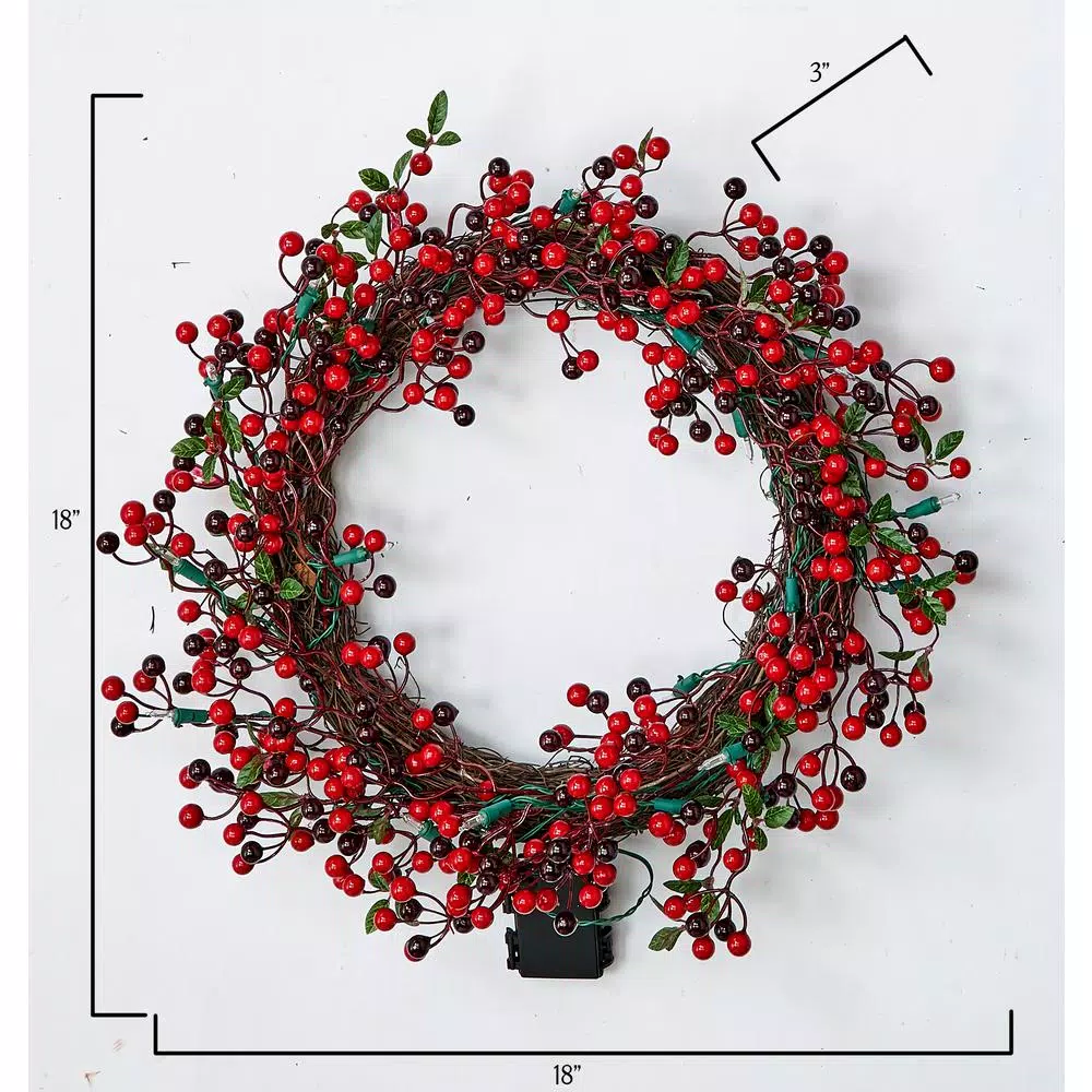 Worth Imports 18 in. Artificial Lighted Holiday Wreath with Poinsettias, Berries, and Timer