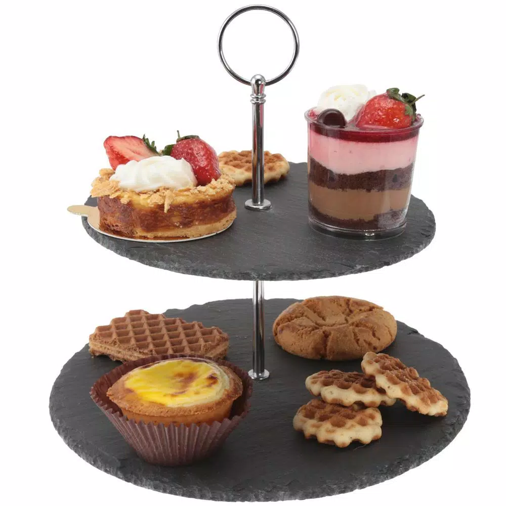 Creative Home 2-Tier Natural Black Slate Cake Stand with Zinc Alloy Handles - 12 inch Round Dessert Serving Tray