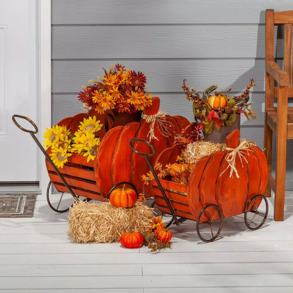 Gerson Assorted 21.85 in. Nesting Wood Pumpkin Wagons, Set of 2