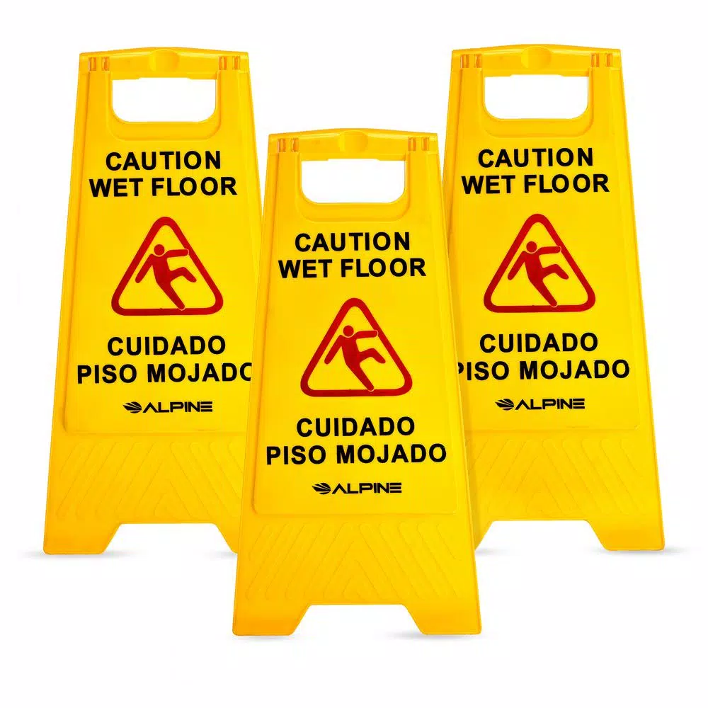 Alpine Industries 24 in. Yellow Bilingual Wet Floor Sign, 2-Sided A-Frame, 3-Pack