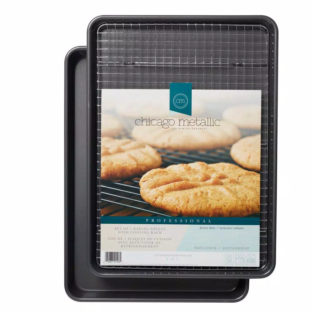 Chicago Metallic Professional Non-Stick Cookie and Jelly Roll Pan Set with Cooling Rack, 3-Piece