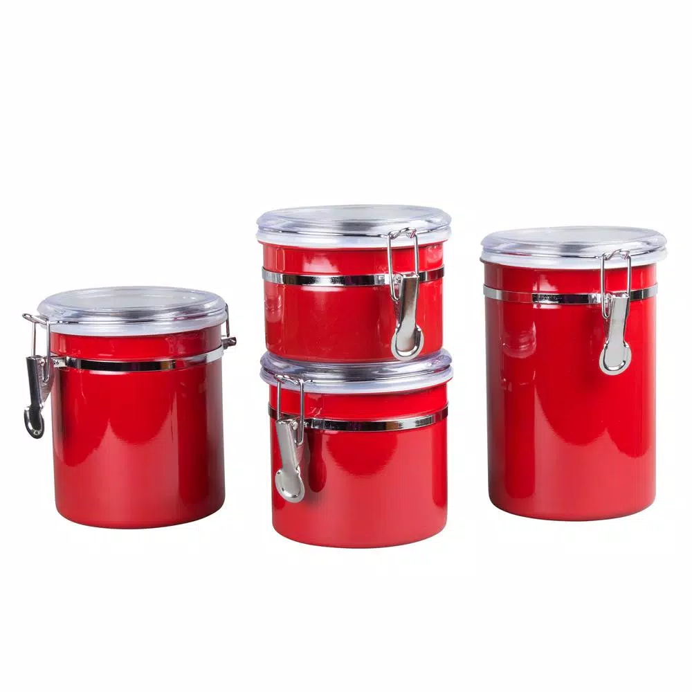 Creative Home 4-Piece Red Stainless Steel Canister Set with Airtight Locking Clamp Lids