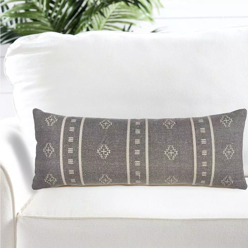 LR Home Embroidered Ethnic Floral Throw Pillow, 14 x 36 in, Gray and Cream Cotton
