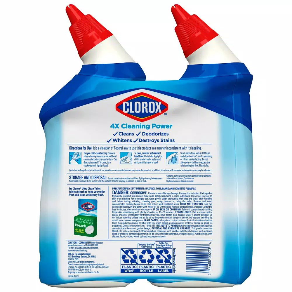 Clorox Toilet Bowl Cleaner with Bleach, Rain Clean Scent, 24 oz (2-Pack)