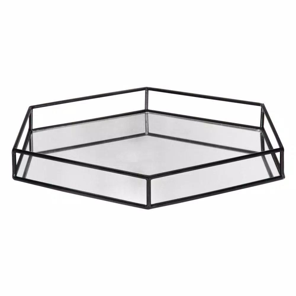 Kate and Laurel Felicia Black Hexagon Mirrored Metal Decorative Tray