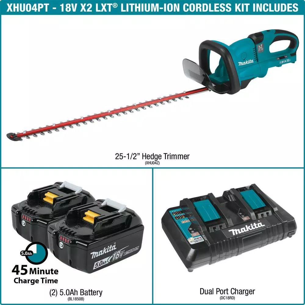 Makita 36V (18V x2) LXT Cordless Hedge Trimmer Kit with (2) 5.0 Ah Batteries and Dual Port Charger