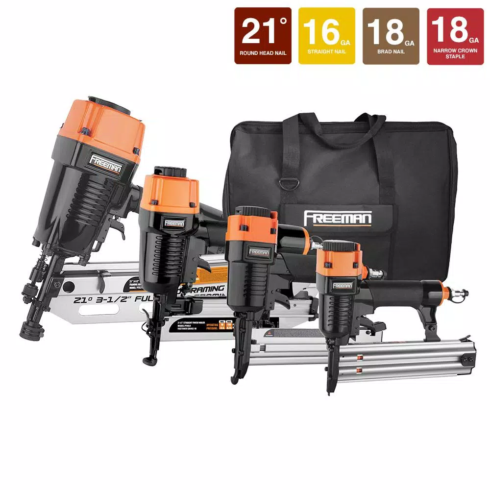 Freeman 4-Piece Pneumatic Framing and Finish Nailer Combo Kit with Canvas Bag and Fasteners