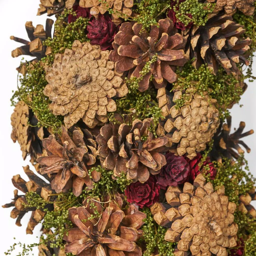Noble House 18.5 in. Natural Brown Artificial Christmas Wreath with Pine Cones and Green Moss Accents