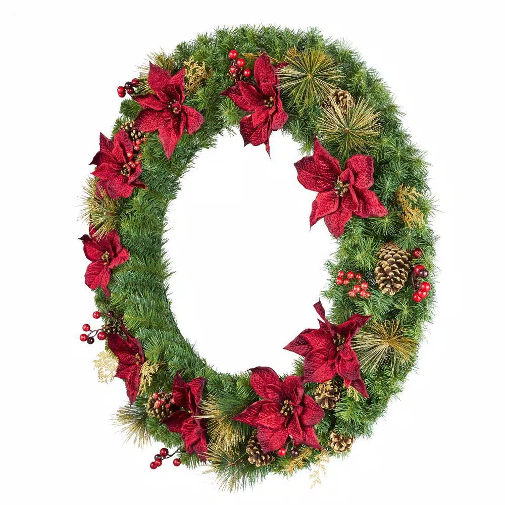 Home Accents Holiday Home Holiday Accents 48 in. Burgundy Poinsettia Mixed Pine Wreath with Berries and Gold Glitter Cedar