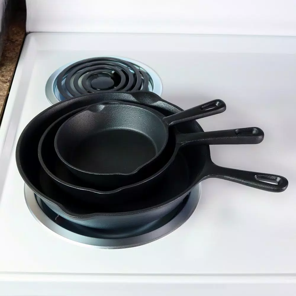Sunnydaze Decor 3-Piece Cast Iron Skillet Set, Pre-Seasoned Black Cookware
