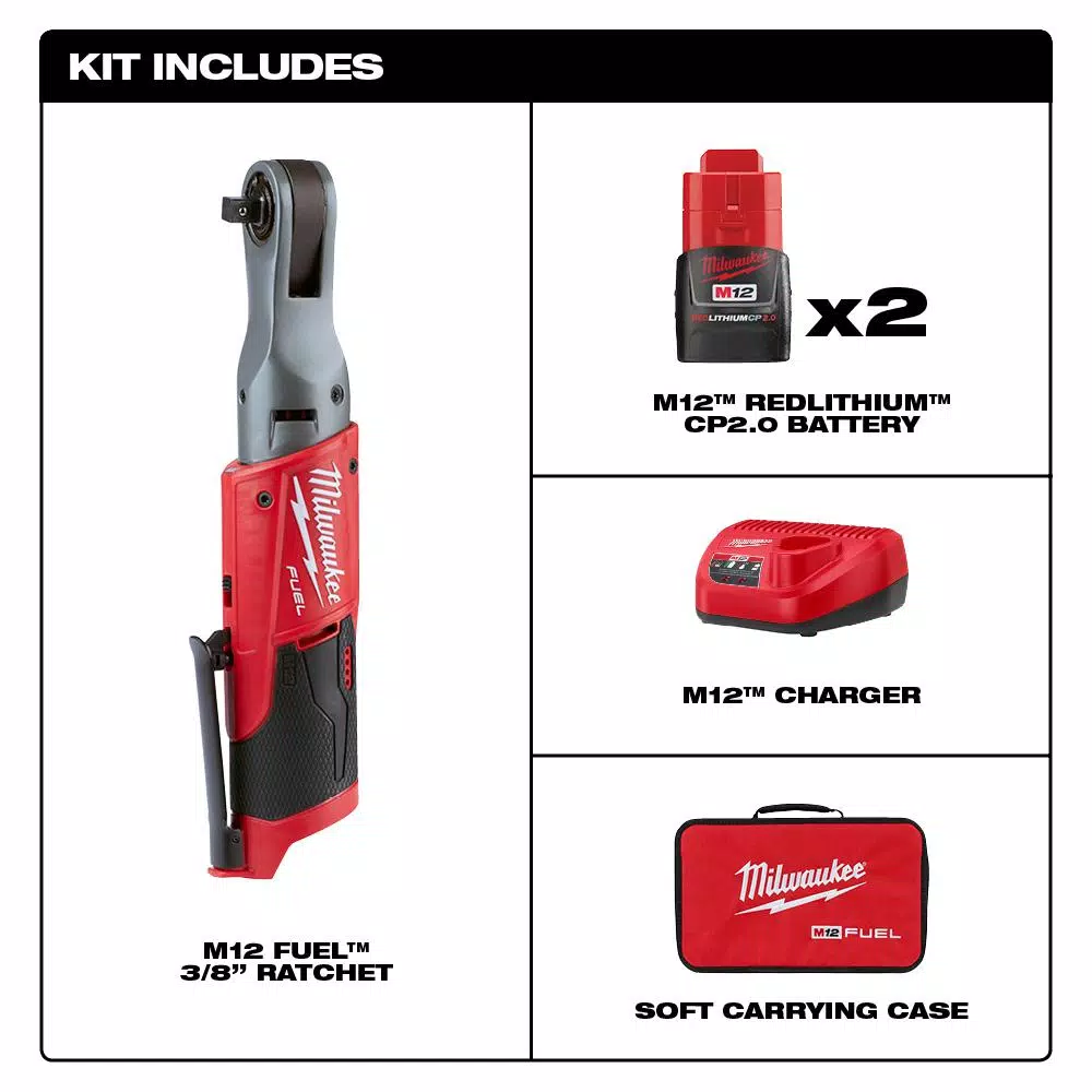 Milwaukee M12 FUEL 3/8 in. Cordless Ratchet Kit with (2) 2.0 Ah Batteries, Charger & Bag