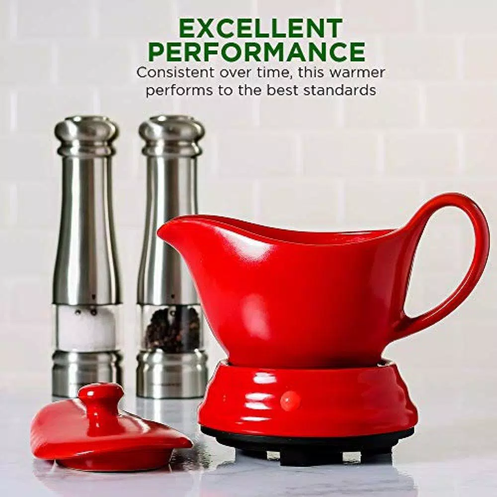 Ovente 16 oz. Red Electric Gravy Warmer with Detachable Ceramic Boat
