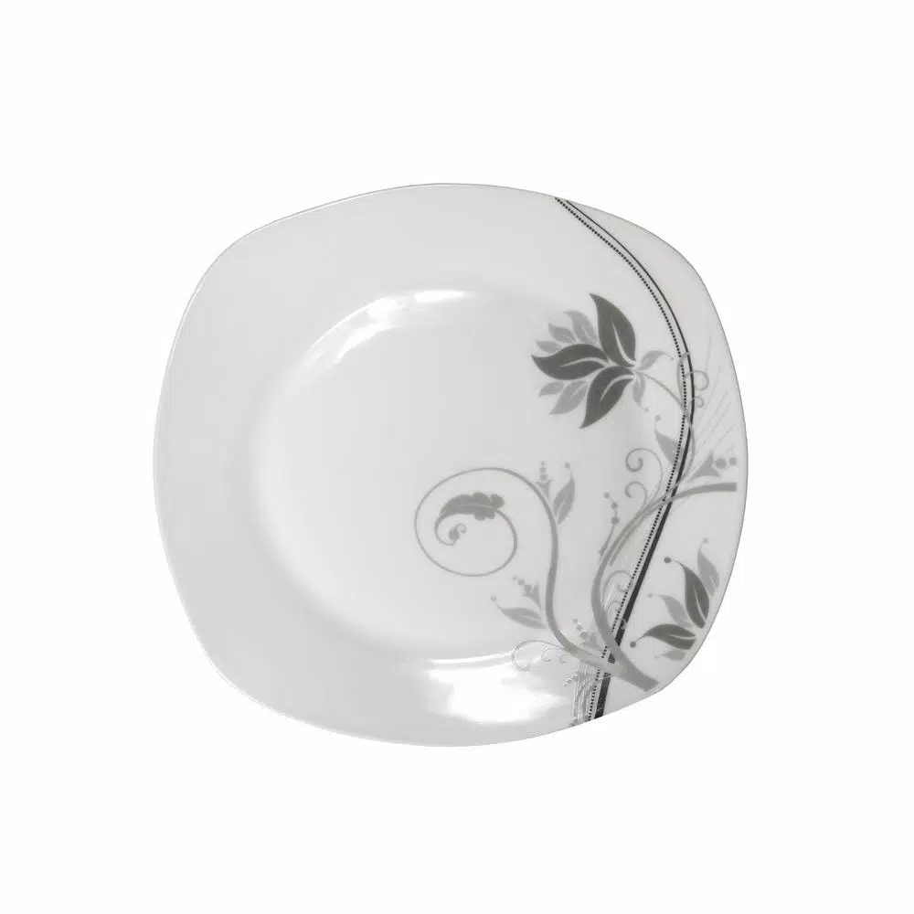 Lorren Home Trends 16-Piece Square Porcelain Dinnerware Set, Service for 4, Matte Silver and Black Floral Design