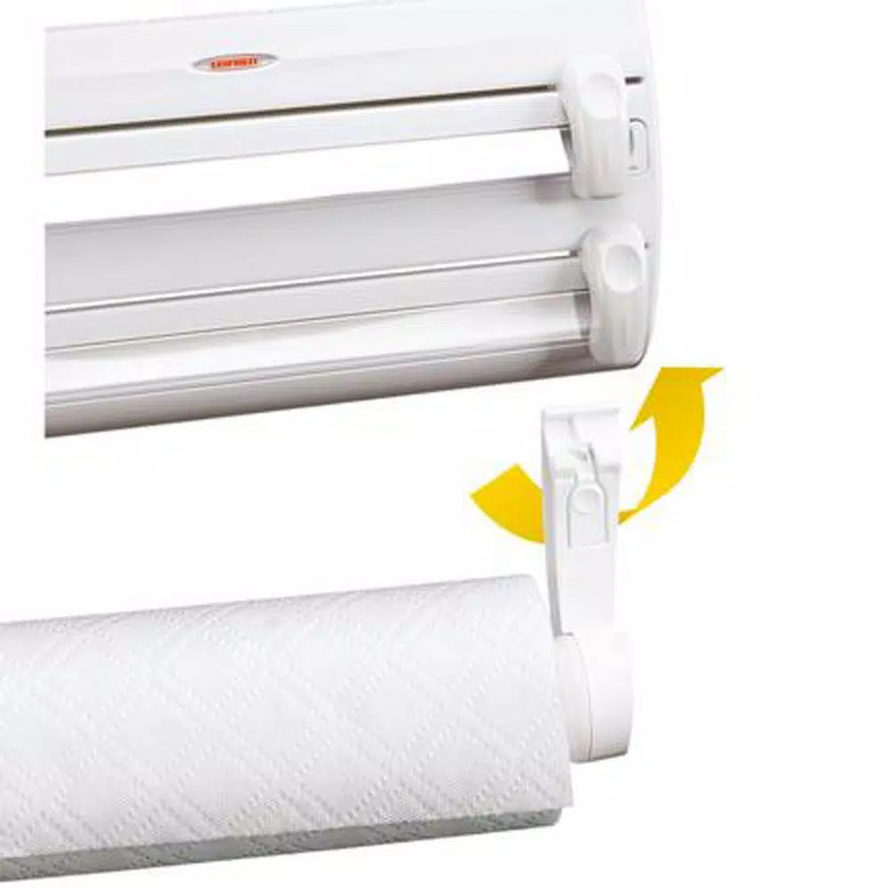 HOUSEHOLD ESSENTIALS Leifheit Wall Mount Paper Towel Holder with Spice Rack and Foil/Plastic Wrap Dispensers, White