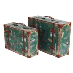Vintiquewise Set of 2 Vintage-Style World Map Wooden Suitcase Trunks with Leather Straps - Green thumbnail 3