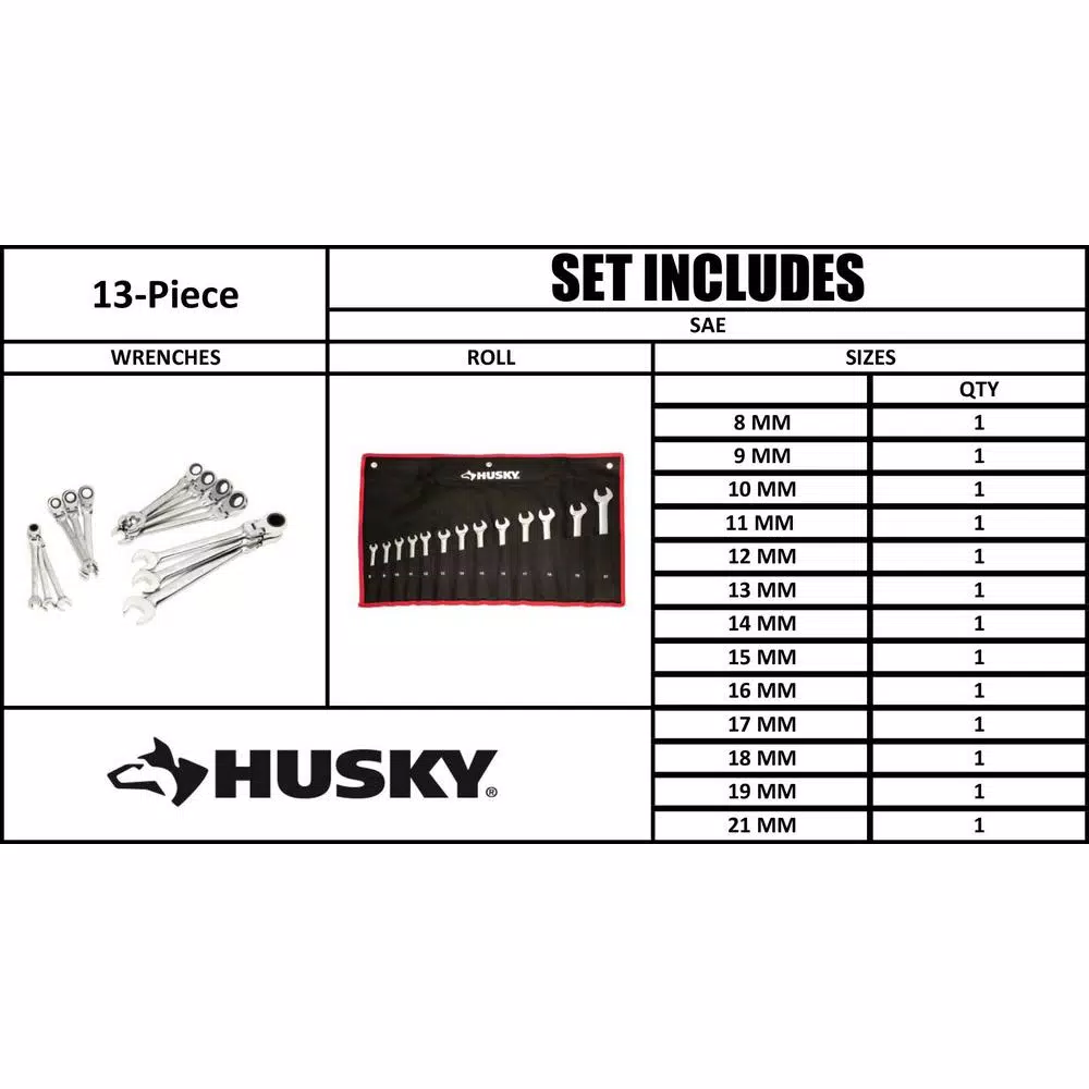 Husky 13-Piece Master Metric Flex Head Ratcheting Wrench Set