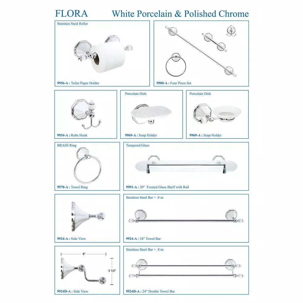 MODONA Flora 4-Piece Bathroom Accessories Set - White Porcelain & Polished Chrome
