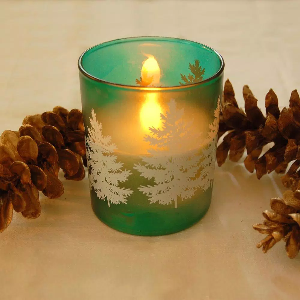 LUMABASE LED Wax Candle in Green Pine Glass, Set of 2