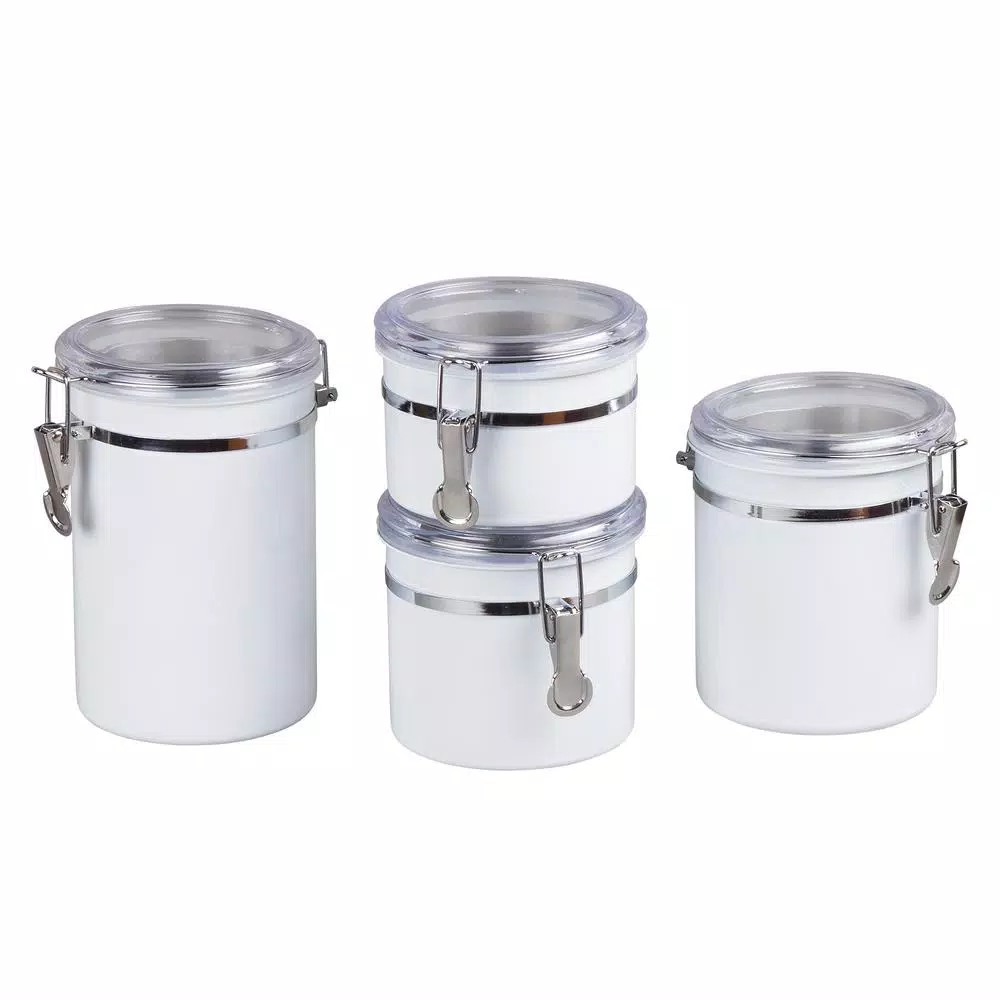 Creative Home 4-Piece White Stainless Steel Canister Set with Airtight Locking Clamp Lids