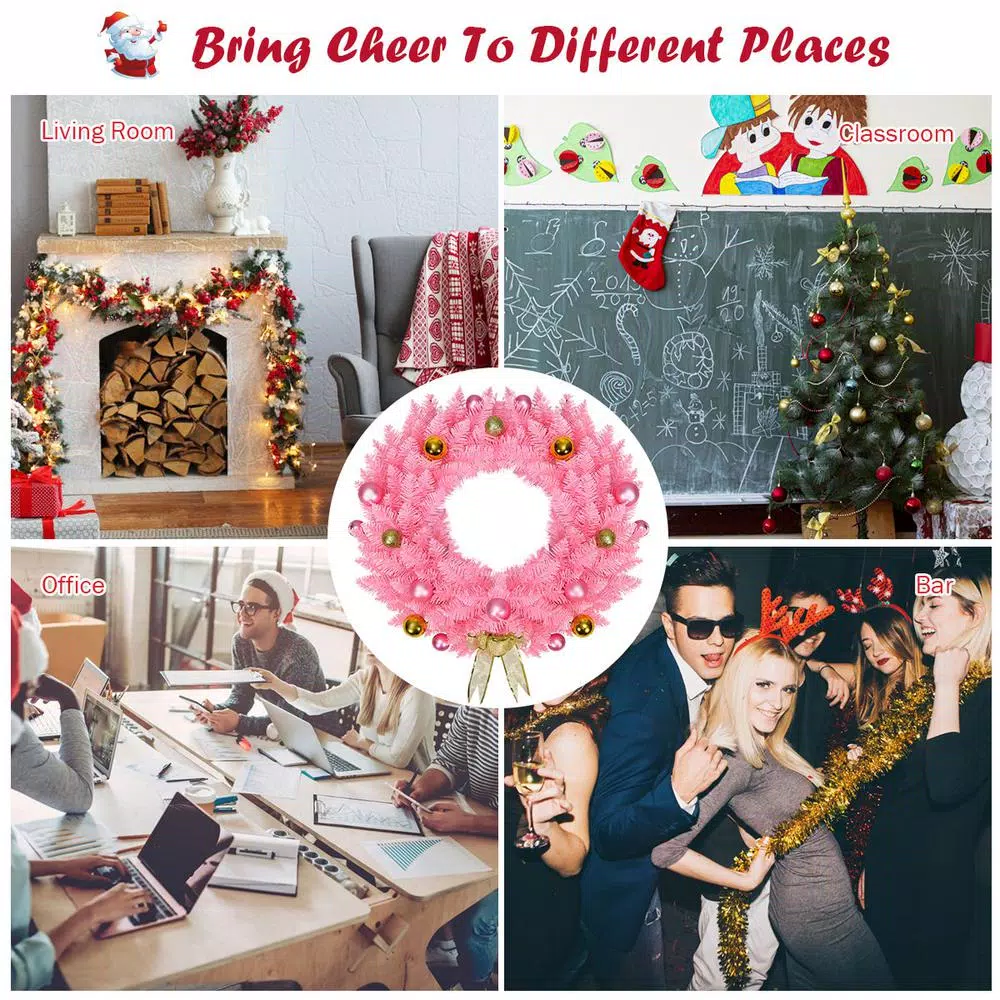 Costway 24 in. Pink Artificial PVC Christmas Wreath with Ornament Balls and Golden Bow