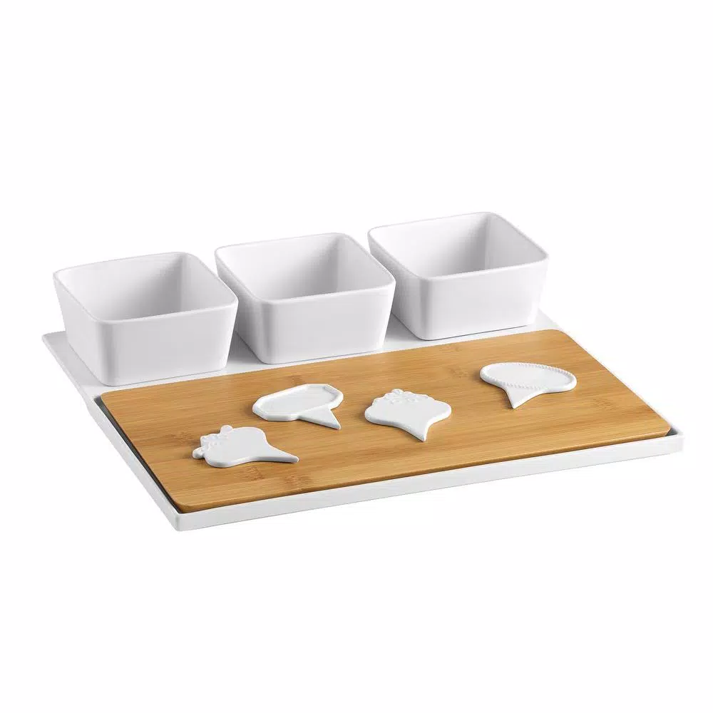 Over and Back Dover 9-Piece White Porcelain and Bamboo Cheese Serving Set