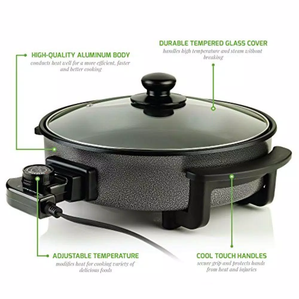 Ovente 12-Inch Electric Skillet, 1400W Non-Stick Aluminum Pan with Tempered Glass Lid