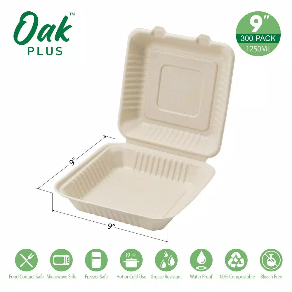 Unbranded 9 in. Natural Sugarcane Clamshell Containers, Eco-Friendly & Compostable (300 Pack)