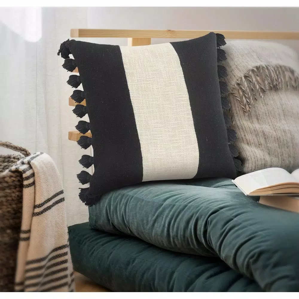 LR Home Trinity Black and Ivory Striped Fringe Throw Pillow, 20 x 20 in.
