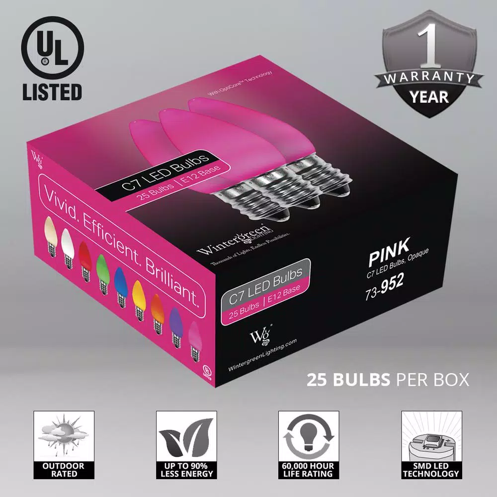 Wintergreen Lighting OptiCore C7 LED Pink Smooth Opaque Christmas Light Bulbs, 25-Pack