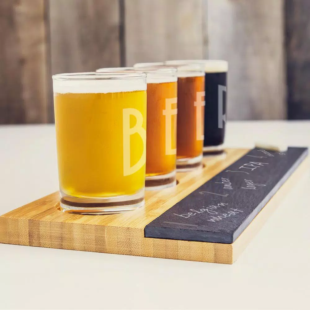Cathy's Concepts Bamboo and Slate Craft Beer Tasting Flight Set with 4 Engraved 5.5 oz. Taster Glasses