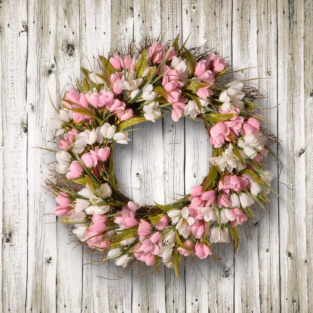 National Tree Company 21 in. Pink and White Tulip Flower Wreath with Greenery
