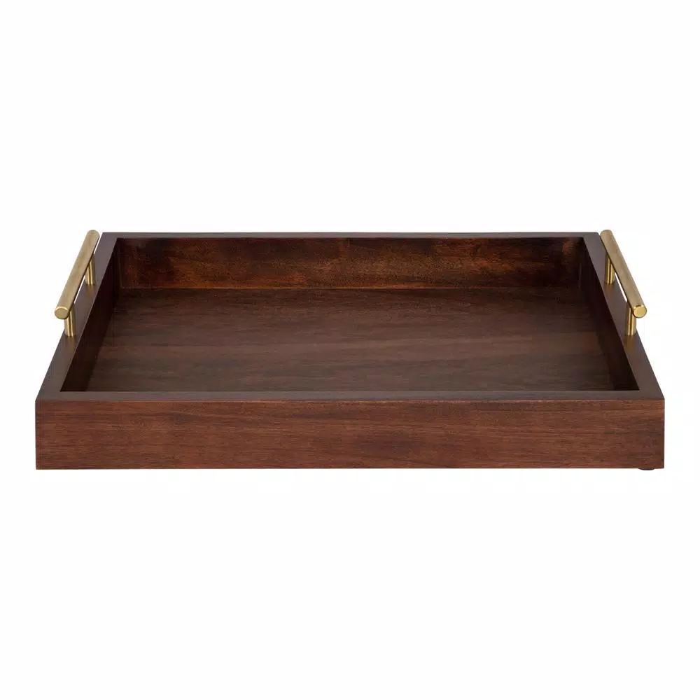 Kate and Laurel Lipton 16 in. x 12 in. Walnut Brown Decorative Wood Tray with Gold Metal Handles